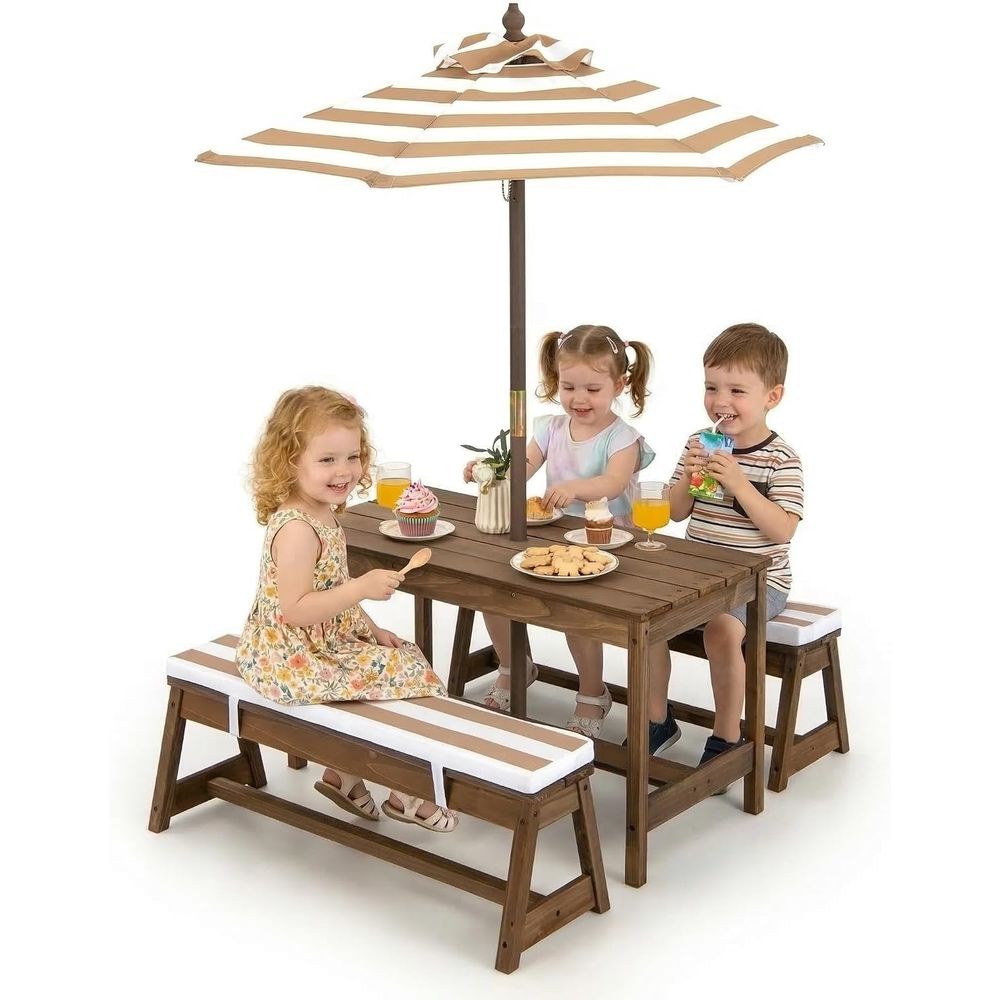 Kids Outdoor Table And Chairs With Umbrella - Kids Picnic Table, Toddler Wood Table